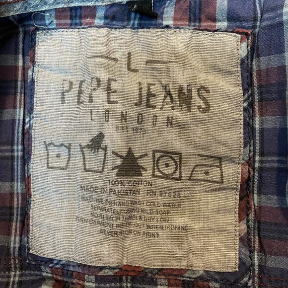 Pepe Jeans London Men Indie Pearl Snap Plaid Shirt L Blue Flip Cuff Embroidered - Picture 6 of 9
